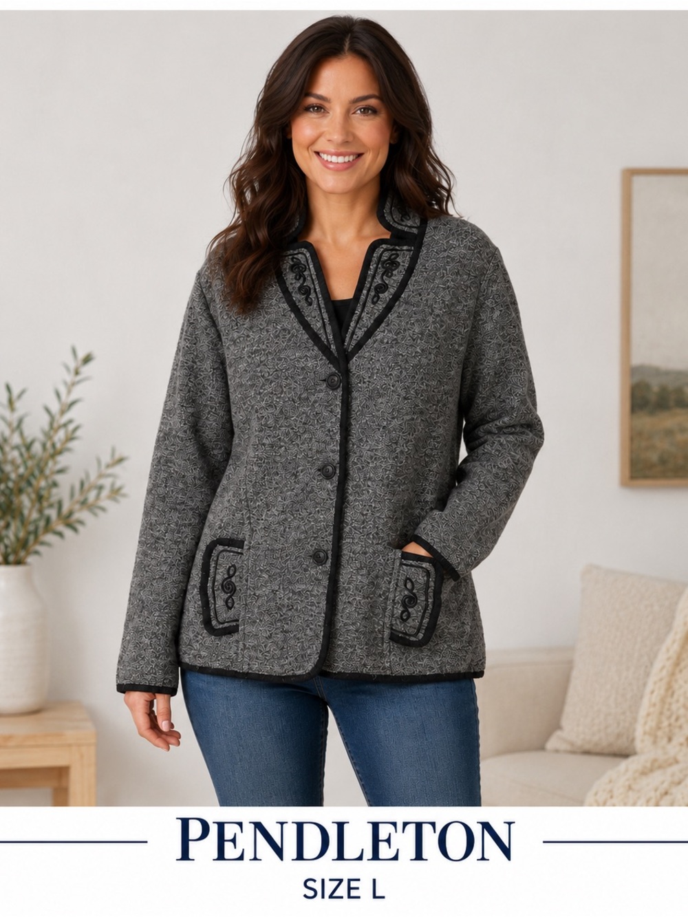Pendleton Women’s Gray Wool Blend Embroidered Button Front Jacket Size L